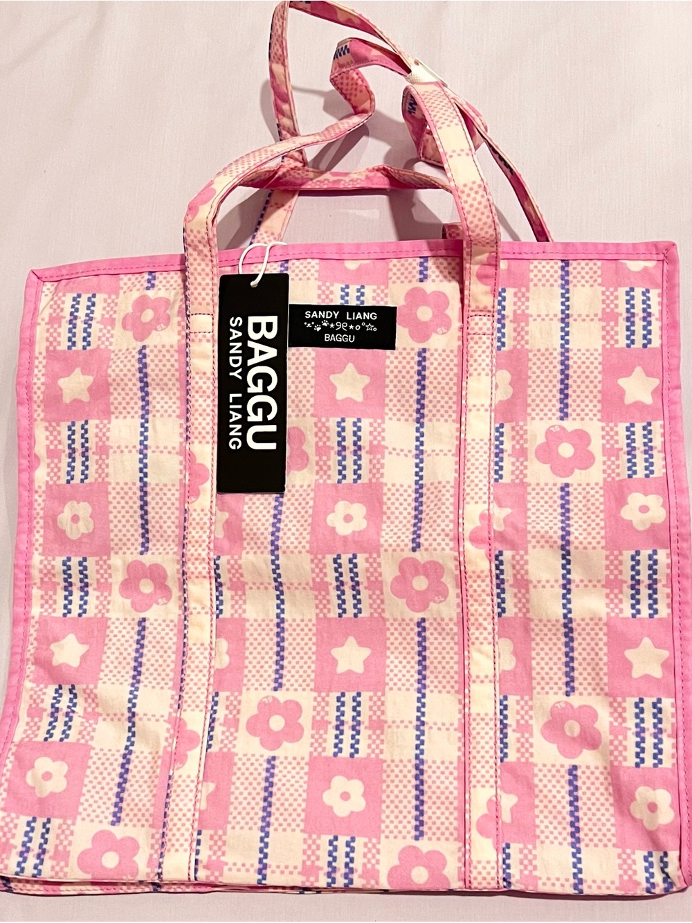 NWT SANDY LIANG X BAGGU LARGE NYLON MARKET BAG IN MARKET PLAID PINK - PINK MULTI